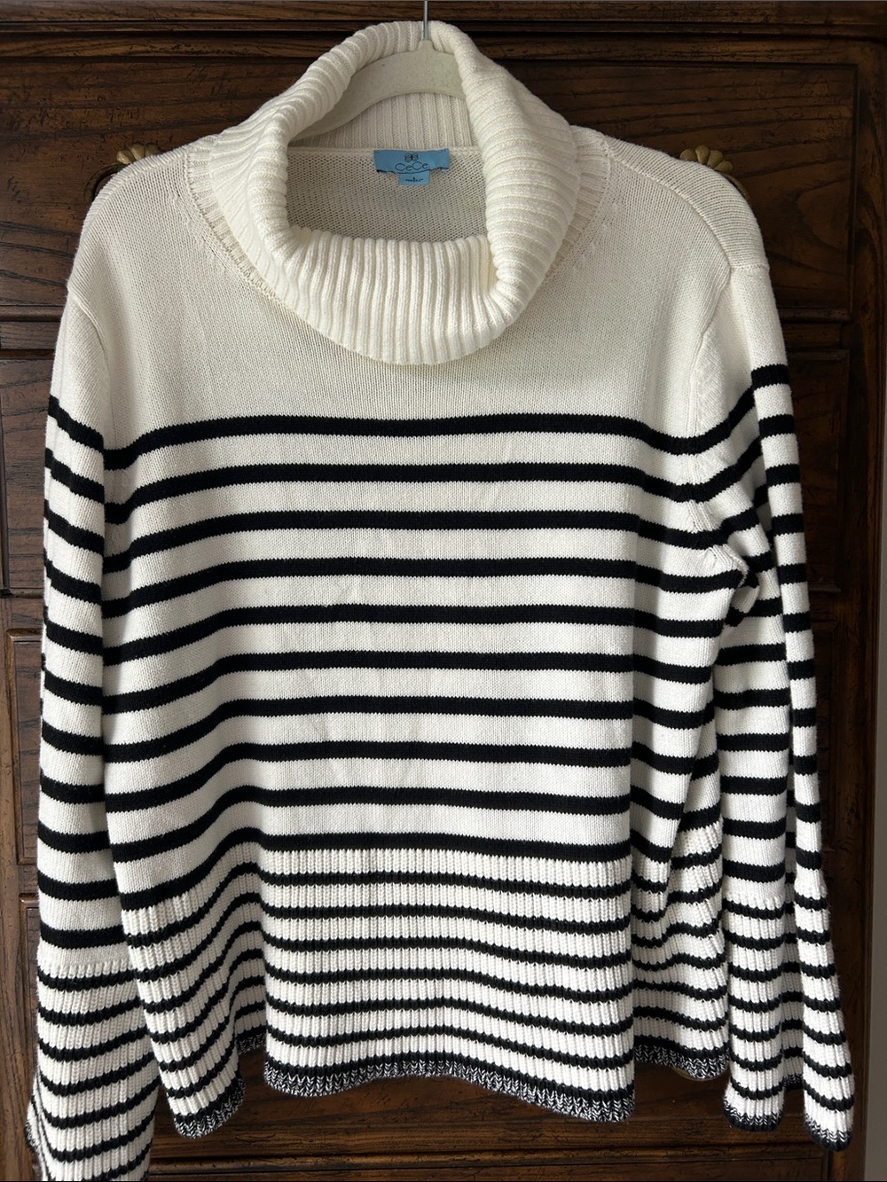 CeCe Cream and Black Striped Cotton Blend Cowl Neck Sweater, Bell Sleeve, Size L